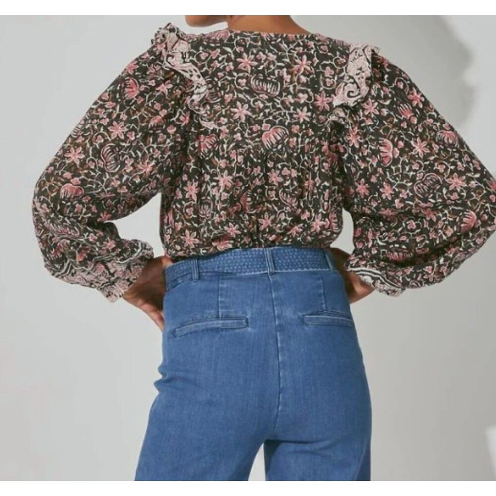 Clobella Brynlee Blouse NWOT Size Small S Black Pink Floral Fan Print Top Sm - Picture 2 of 9